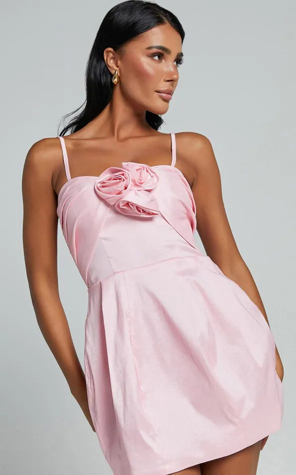 Showpo Amberle Mini Dress 8211 Strappy Rosette Detail Bodice Dress In Pink Women Dresses