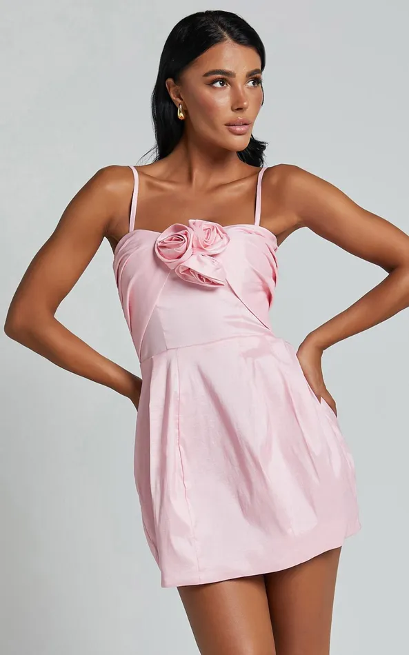 Showpo Amberle Mini Dress 8211 Strappy Rosette Detail Bodice Dress In Pink Women Dresses