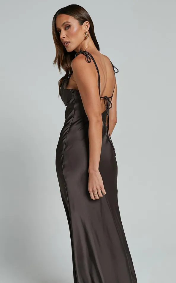 Showpo Amelia Midi Dress 8211 Cowl Neck Bias Cut Satin Dress In Espresso Women Dresses
