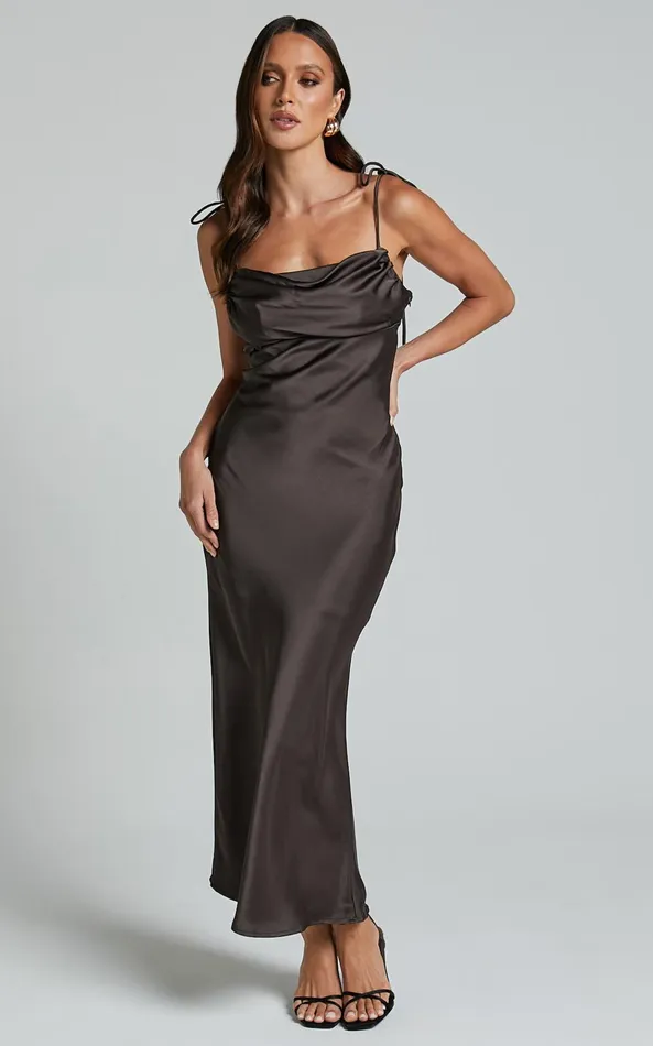 Showpo Amelia Midi Dress 8211 Cowl Neck Bias Cut Satin Dress In Espresso Women Dresses