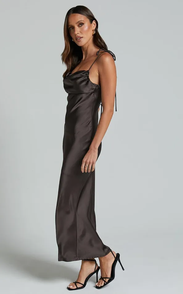 Showpo Amelia Midi Dress 8211 Cowl Neck Bias Cut Satin Dress In Espresso Women Dresses