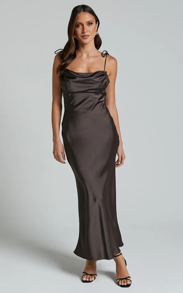 Showpo Amelia Midi Dress 8211 Cowl Neck Bias Cut Satin Dress In Espresso Women Dresses