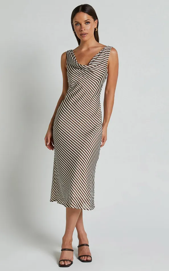 Showpo Amelia Midi Dress 8211 Cowl Neck Sleeveless Slip Dress In Chocolate Stripe Women Dresses Showpo Amelia Midi Dress 8211 Cowl Neck Sleeveless Slip Dress In Chocolate Stripe Women Dresses
