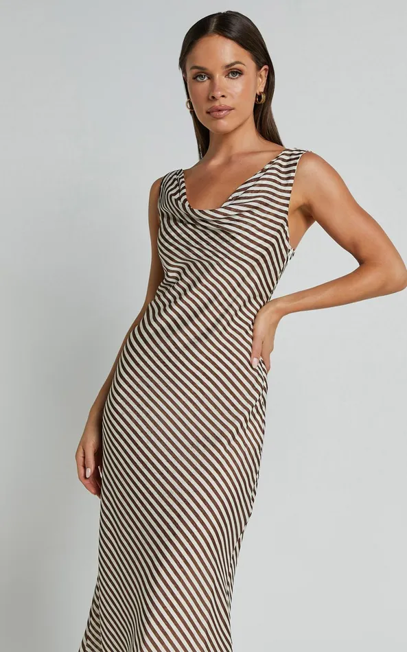 Showpo Amelia Midi Dress 8211 Cowl Neck Sleeveless Slip Dress In Chocolate Stripe Women Dresses