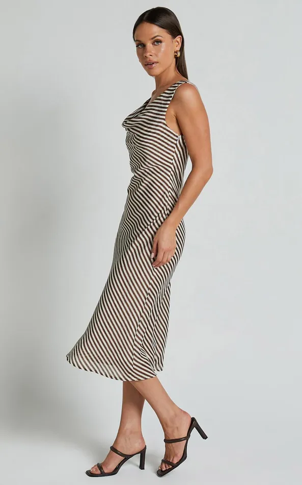 Showpo Amelia Midi Dress 8211 Cowl Neck Sleeveless Slip Dress In Chocolate Stripe Women Dresses