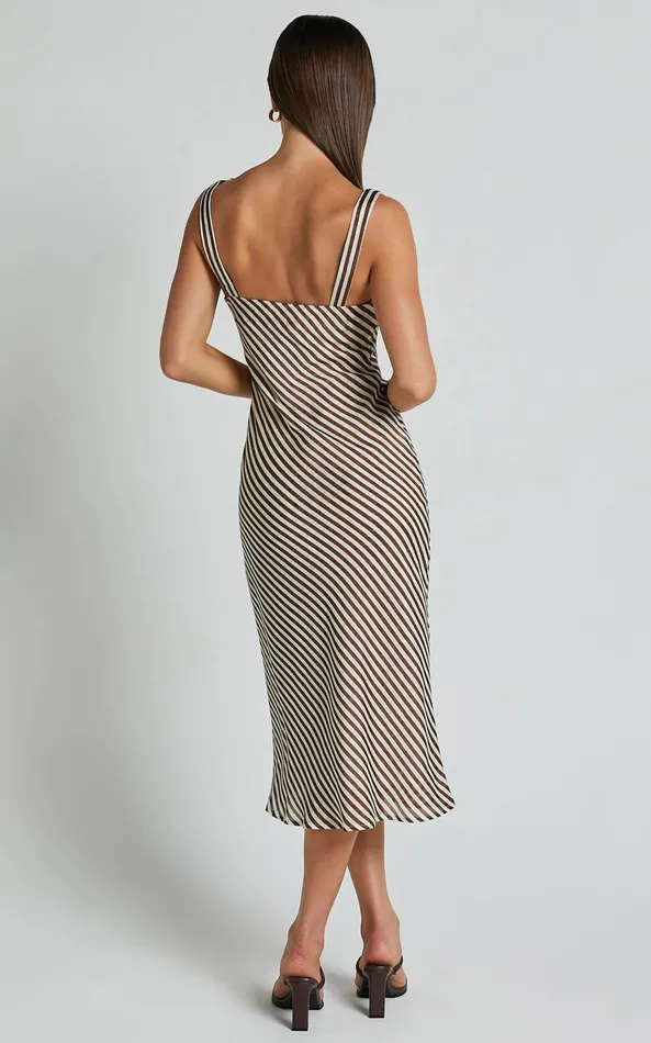 Showpo Amelia Midi Dress 8211 Cowl Neck Sleeveless Slip Dress In Chocolate Stripe Women Dresses