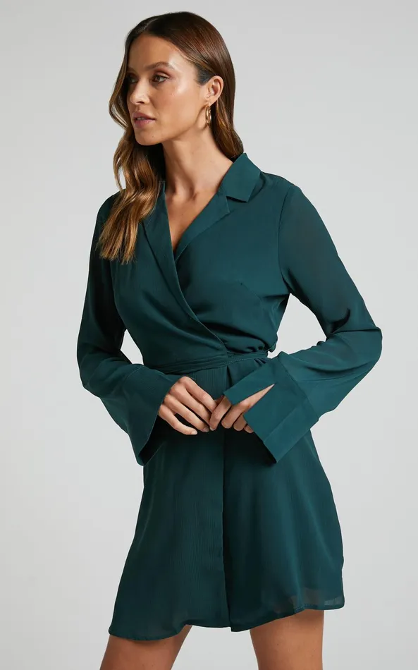 Showpo Amelle Mini Dress 8211 Collared Long Sleeve Wrap Dress In Emerald Women Dresses