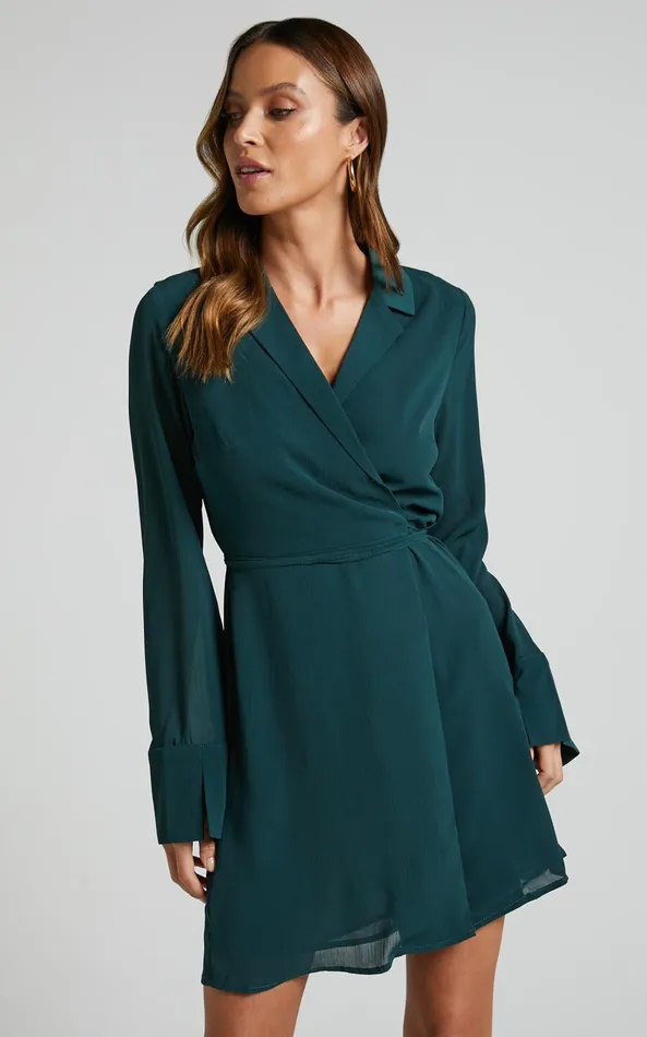 Showpo Amelle Mini Dress 8211 Collared Long Sleeve Wrap Dress In Emerald Women Dresses
