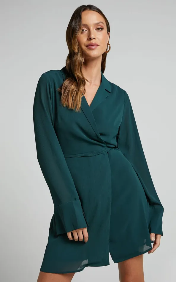 Showpo Amelle Mini Dress 8211 Collared Long Sleeve Wrap Dress In Emerald Women Dresses