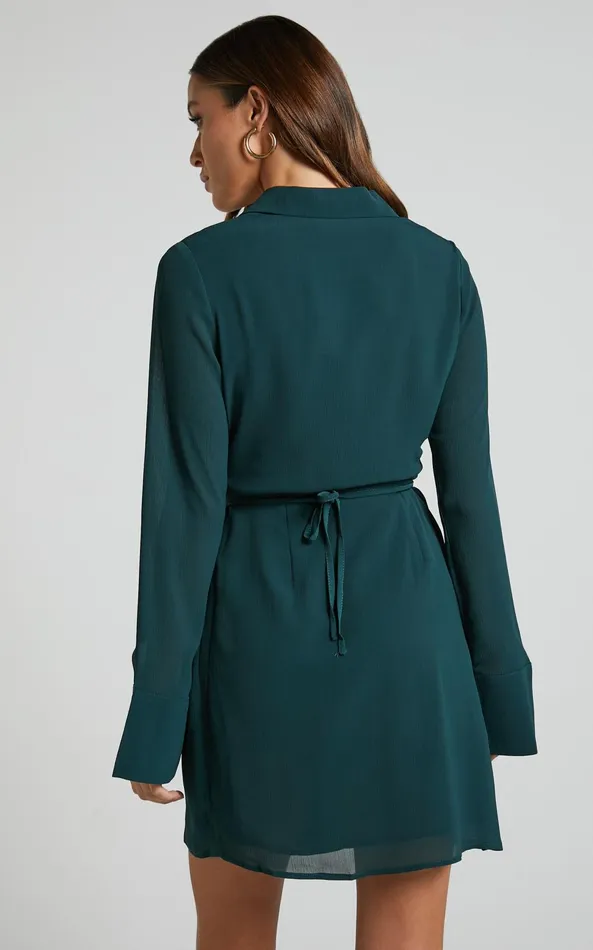 Showpo Amelle Mini Dress 8211 Collared Long Sleeve Wrap Dress In Emerald Women Dresses