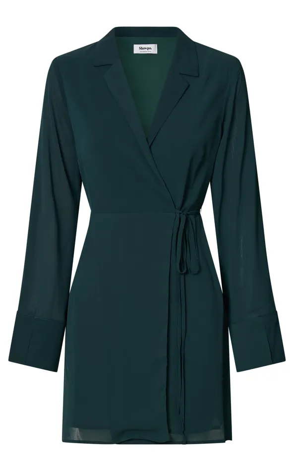 Showpo Amelle Mini Dress 8211 Collared Long Sleeve Wrap Dress In Emerald Women Dresses