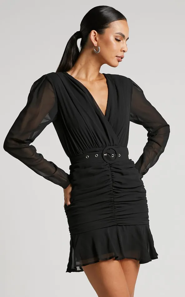 Showpo Amias Mini Dress 8211 Ruched Belted Long Sleeve Dress In Black Women Dresses Showpo Amias Mini Dress 8211 Ruched Belted Long Sleeve Dress In Black Women Dresses