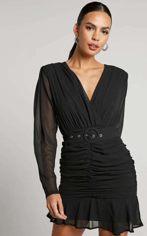Showpo Amias Mini Dress 8211 Ruched Belted Long Sleeve Dress In Black Women Dresses