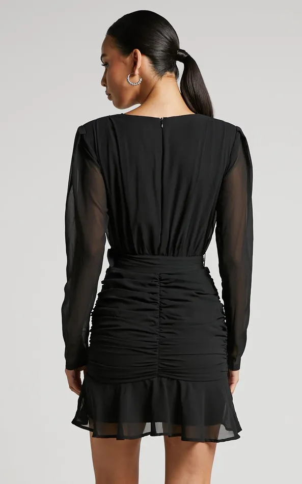 Showpo Amias Mini Dress 8211 Ruched Belted Long Sleeve Dress In Black Women Dresses