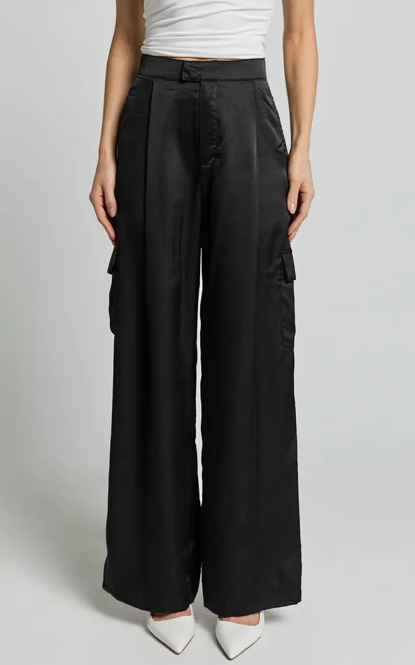 Showpo Amie Pants 8211 High Waist Satin Tailored Cargo Pants In Black Women Pants