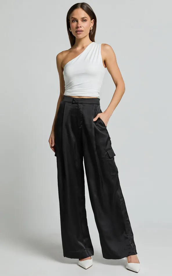 Showpo Amie Pants 8211 High Waist Satin Tailored Cargo Pants In Black Women Pants