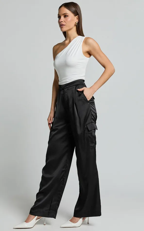 Showpo Amie Pants 8211 High Waist Satin Tailored Cargo Pants In Black Women Pants