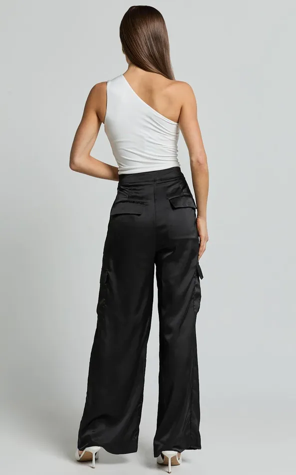 Showpo Amie Pants 8211 High Waist Satin Tailored Cargo Pants In Black Women Pants