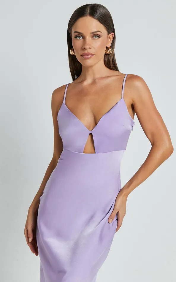 Showpo Amitola Midi Dress 8211 V Neck Cut Out Slip Dress In Lilac Women Dresses