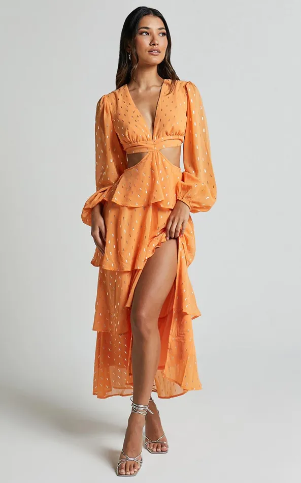Showpo Ammie Midi Dress 8211 Cut Out Balloon Sleeve Tierred Dress In Orange Women Dresses Showpo Ammie Midi Dress 8211 Cut Out Balloon Sleeve Tierred Dress In Orange Women Dresses