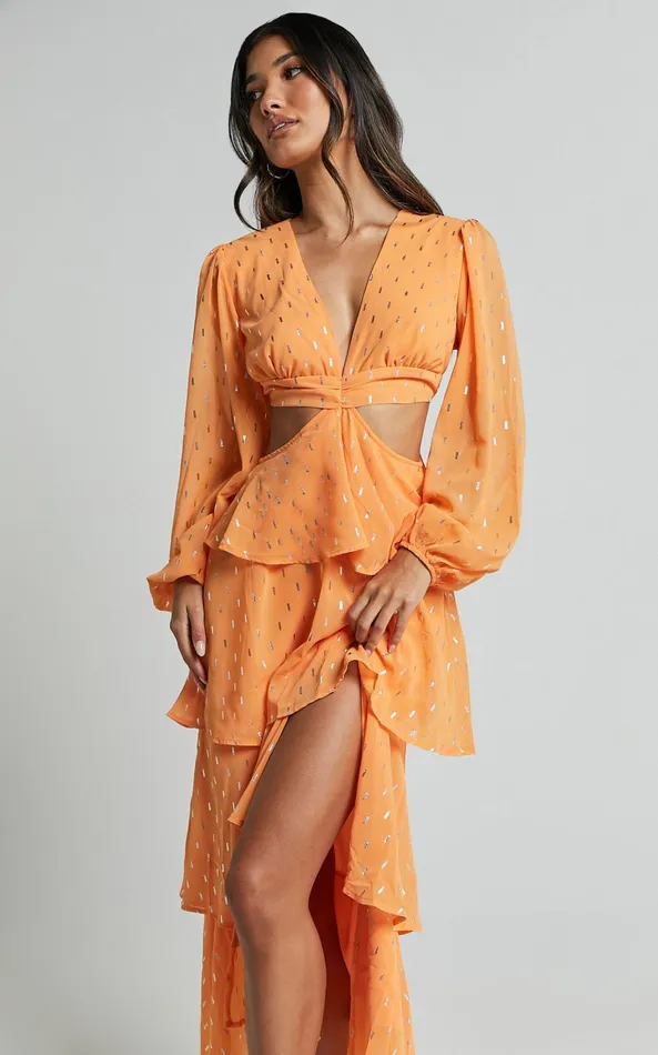 Showpo Ammie Midi Dress 8211 Cut Out Balloon Sleeve Tierred Dress In Orange Women Dresses