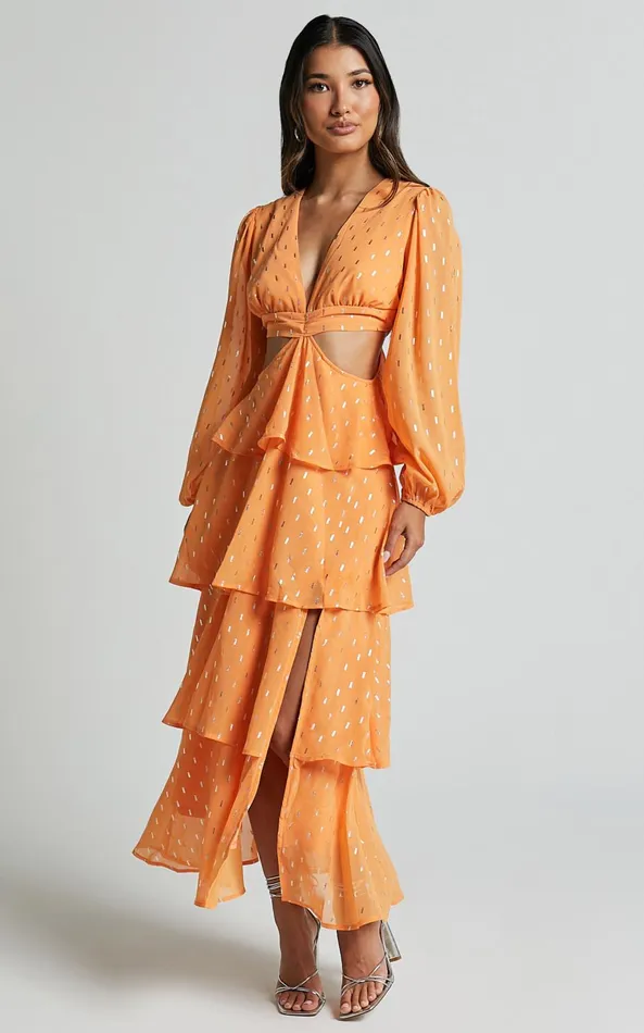 Showpo Ammie Midi Dress 8211 Cut Out Balloon Sleeve Tierred Dress In Orange Women Dresses
