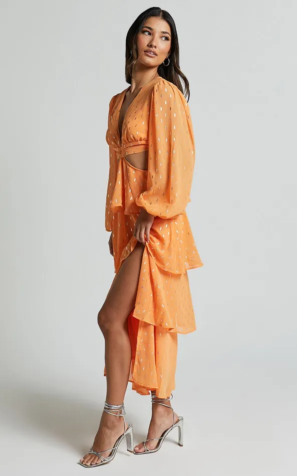 Showpo Ammie Midi Dress 8211 Cut Out Balloon Sleeve Tierred Dress In Orange Women Dresses
