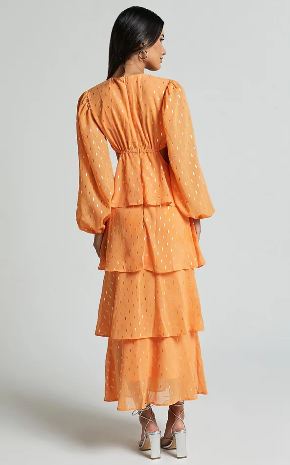 Showpo Ammie Midi Dress 8211 Cut Out Balloon Sleeve Tierred Dress In Orange Women Dresses