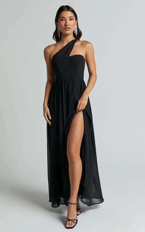 Showpo Amorette Maxi Dress 8211 One Shoulder Detail Gown Dress In Black Women Dresses