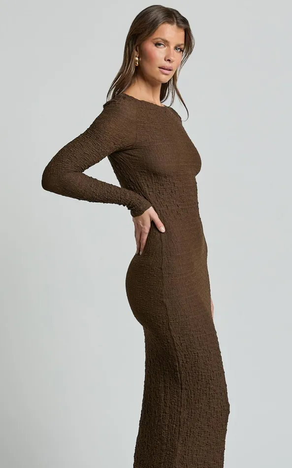 Showpo Amy Midi Dress 8211 Scoop Long Sleeve Bodycon Dress In Chocolate Women Dresses