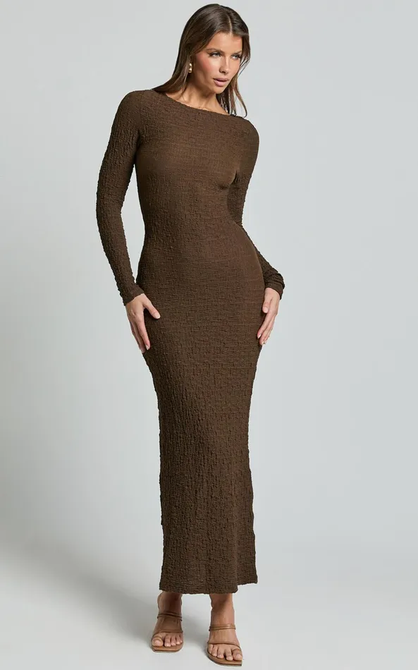 Showpo Amy Midi Dress 8211 Scoop Long Sleeve Bodycon Dress In Chocolate Women Dresses