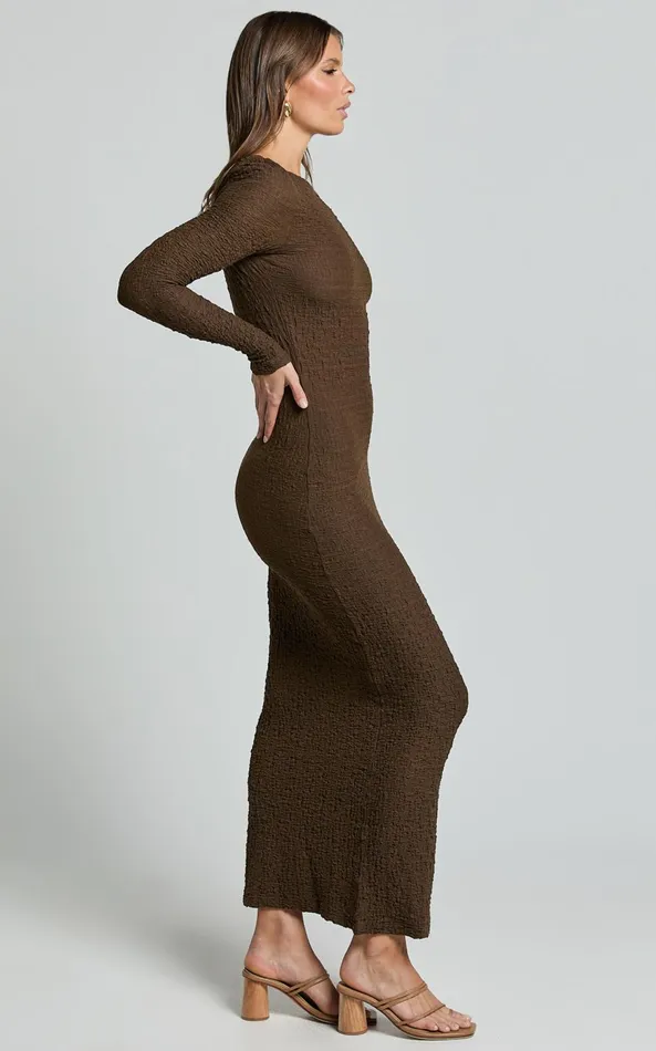 Showpo Amy Midi Dress 8211 Scoop Long Sleeve Bodycon Dress In Chocolate Women Dresses
