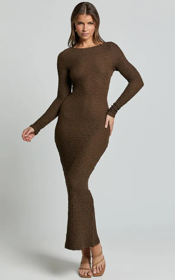 Showpo Amy Midi Dress 8211 Scoop Long Sleeve Bodycon Dress In Chocolate Women Dresses