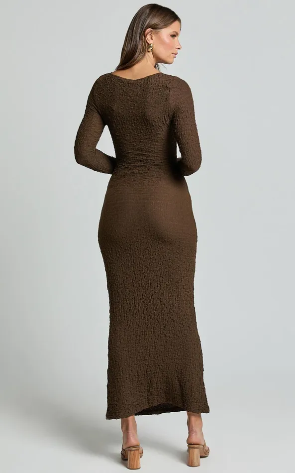 Showpo Amy Midi Dress 8211 Scoop Long Sleeve Bodycon Dress In Chocolate Women Dresses