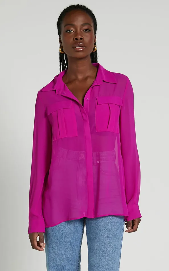 Showpo Analie Top 8211 Collared Button Through Long Sleeve Shirt In Fuchsia Women Tops
