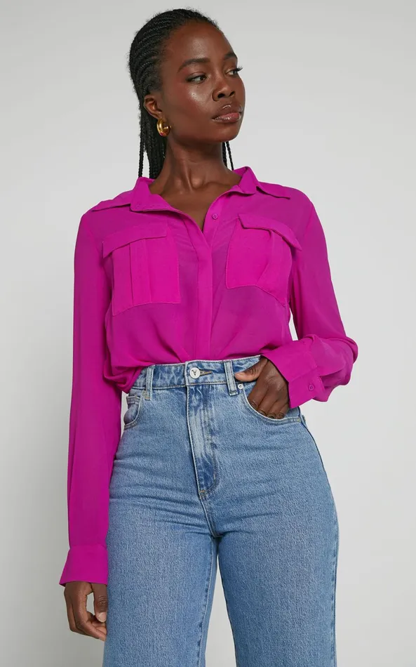 Showpo Analie Top 8211 Collared Button Through Long Sleeve Shirt In Fuchsia Women Tops