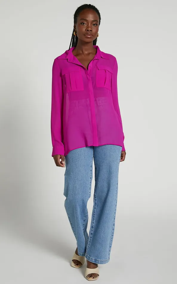 Showpo Analie Top 8211 Collared Button Through Long Sleeve Shirt In Fuchsia Women Tops