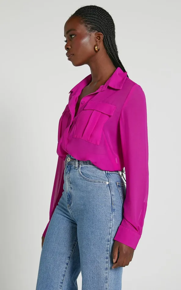 Showpo Analie Top 8211 Collared Button Through Long Sleeve Shirt In Fuchsia Women Tops