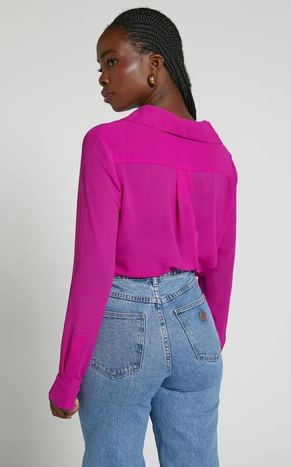 Showpo Analie Top 8211 Collared Button Through Long Sleeve Shirt In Fuchsia Women Tops