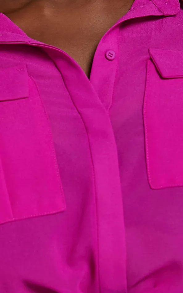 Showpo Analie Top 8211 Collared Button Through Long Sleeve Shirt In Fuchsia Women Tops