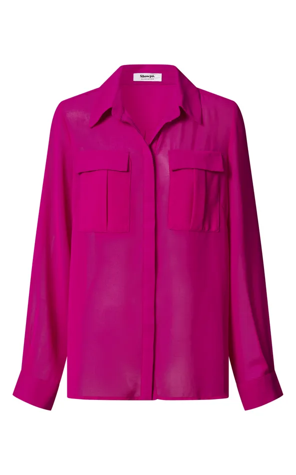 Showpo Analie Top 8211 Collared Button Through Long Sleeve Shirt In Fuchsia Women Tops