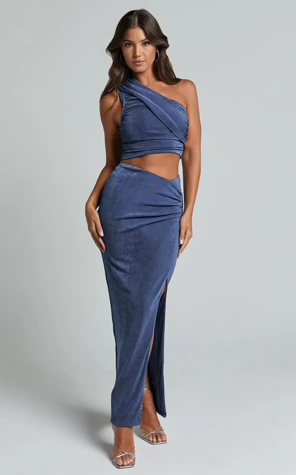 Showpo Anastasia Two Piece Set 8211 Asymmetric Ruched Top And Thigh Split Midi Skirt Set In Steel Blue Women Two Piece Sets and Coords Showpo Anastasia Two Piece Set 8211 Asymmetric Ruched Top And Thigh Split Midi Skirt Set In Steel Blue Women Two Piece Sets and Coords