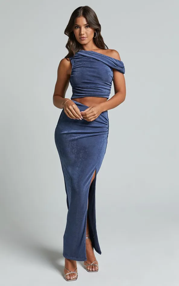 Showpo Anastasia Two Piece Set 8211 Asymmetric Ruched Top And Thigh Split Midi Skirt Set In Steel Blue Women Two Piece Sets and Coords