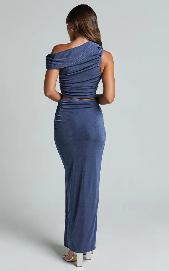 Showpo Anastasia Two Piece Set 8211 Asymmetric Ruched Top And Thigh Split Midi Skirt Set In Steel Blue Women Two Piece Sets and Coords