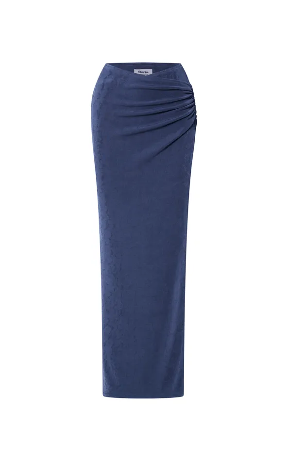 Showpo Anastasia Two Piece Set 8211 Asymmetric Ruched Top And Thigh Split Midi Skirt Set In Steel Blue Women Two Piece Sets and Coords