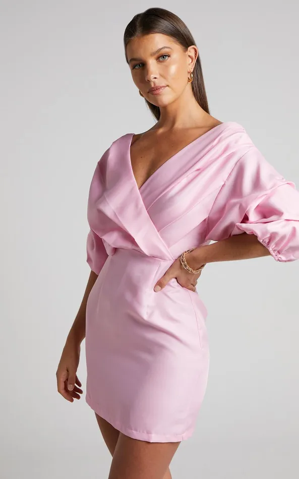 Showpo Anastasija Mini Dress 8211 Off Shoulder V Neck Dress In Ice Pink Women Dresses