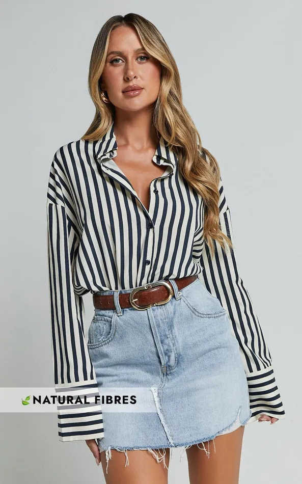 Showpo Anderson Top 8211 Collared Long Sleeve Shirt In Navy Stripe Women Curve Clothes Showpo Anderson Top 8211 Collared Long Sleeve Shirt In Navy Stripe Women Curve Clothes