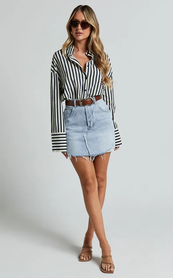 Showpo Anderson Top 8211 Collared Long Sleeve Shirt In Navy Stripe Women Curve Clothes