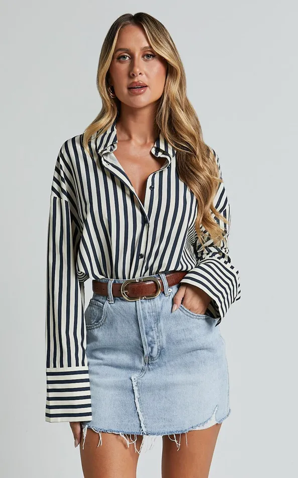 Showpo Anderson Top 8211 Collared Long Sleeve Shirt In Navy Stripe Women Curve Clothes
