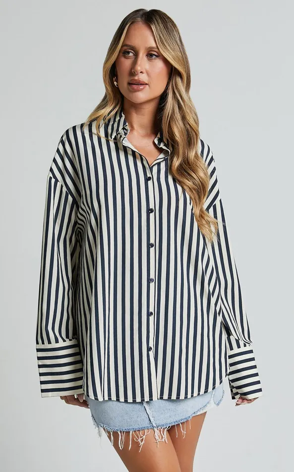 Showpo Anderson Top 8211 Collared Long Sleeve Shirt In Navy Stripe Women Curve Clothes